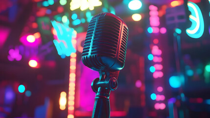 Retro Microphone: Vintage microphone set against colorful lights, capturing the essence of a lively music performance.Generated with AI 