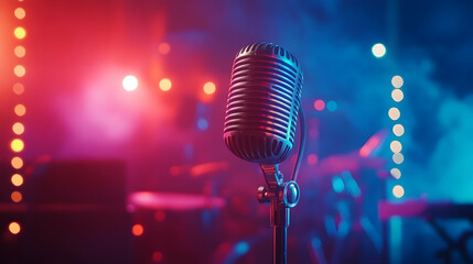 Retro Microphone: Vintage microphone set against colorful lights, capturing the essence of a lively music performance.Generated by AI 