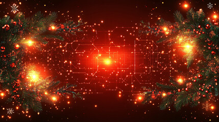 Naklejka premium A vibrant digital abstract with glowing orbs and intricate patterns, creating a captivating cosmic effect in shades of red and green.