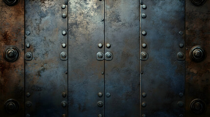 Fototapeta premium Riveted Metal Background: a rustic metal background adorned with rivets and a weathered patina, ideal for industrial-themed projects.AI Generated 