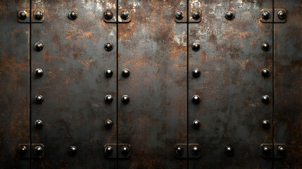 Fototapeta premium Riveted Metal Background: a rustic metal background adorned with rivets and a weathered patina, ideal for industrial-themed projects.Generated with AI 
