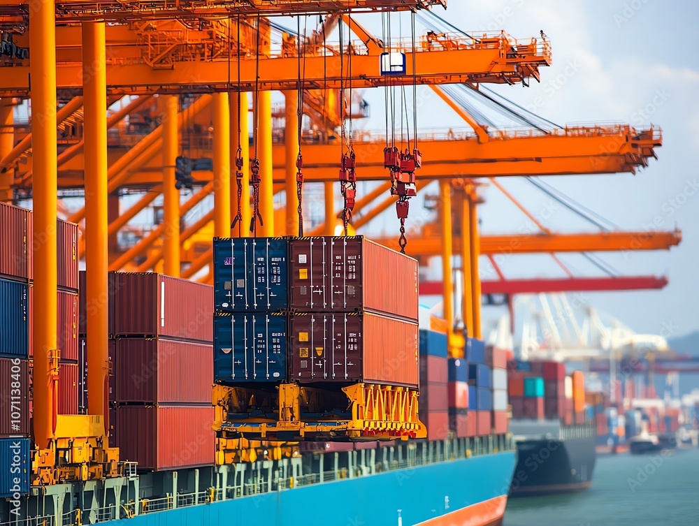 Poster a cargo ship being loaded with containers by a gantry crane in a busy port.