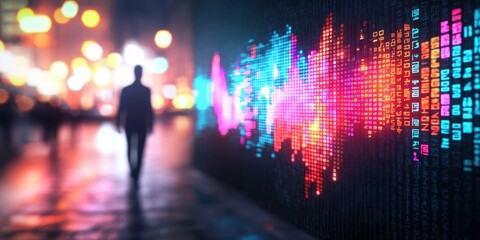 A person walking past vibrant illuminated data visualizations in a modern urban setting.