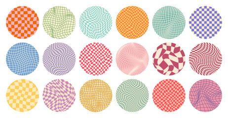 Groovy checkered pattern, round colorful tiled grid. Vintage wavy curved backdrop, distortion effect. Funky geometric chessboard texture, retro background in 90s style, y2k. Vector illustration