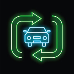 Bright neon icon of a car driving on a road with green arrows turning around it, perfect for showcasing car rental services