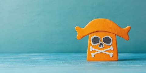 A playful pirate-themed toy with a skull and crossbones on a vibrant blue background.