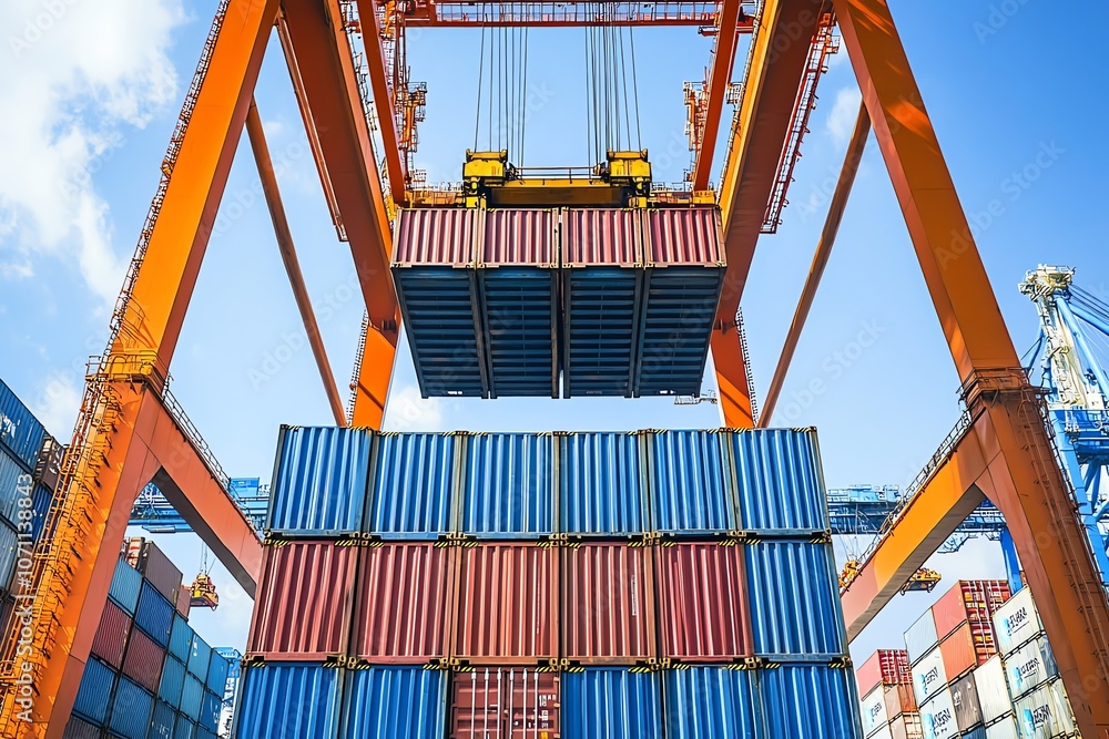 Poster a large crane lifts a shipping container at a busy port.