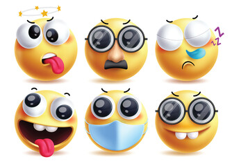 Disguise emoji vector characters set. Emojis clip art character in dizzy, old man, sneezing, naughty, sick and funny yellow emoticons facial expressions. Vector illustration disguise 
