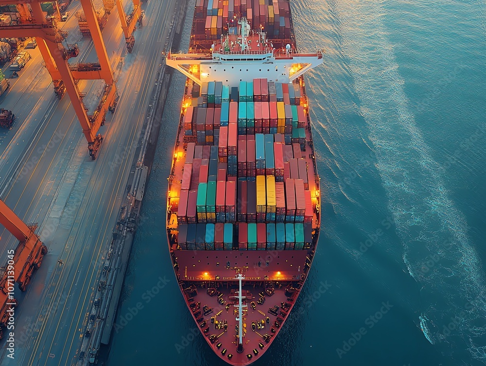 Poster An aerial view of a large container ship docked at a busy port. The ship is loaded with colorful containers and is surrounded by cranes and other vessels. The water is calm and the sky is clear.