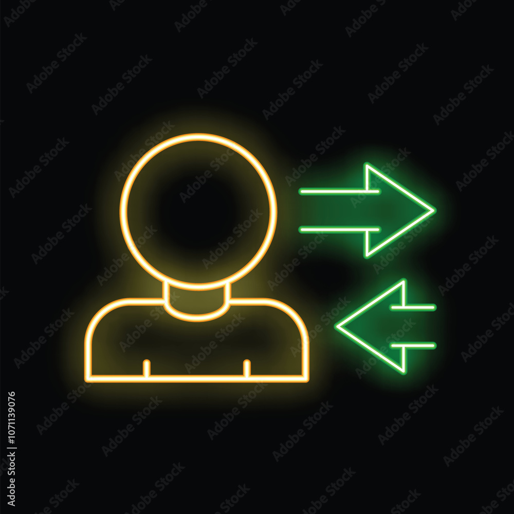 Poster neon sign representing the concept of decision making with a person and two opposite arrows