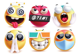 Begging emoji vector characters set. Emojis character clip art with dizzy, angry, shock, pleased, cool and sick facial expression clip art in white background. Vector illustration begging collection 