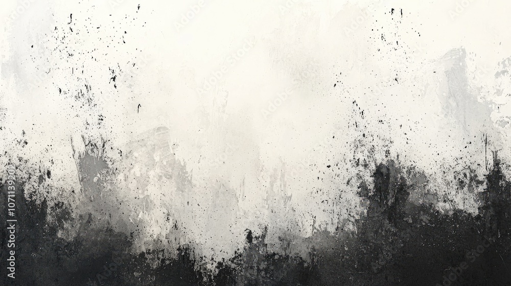Poster abstract black and white ink splatter background with a gradient from dark to light.
