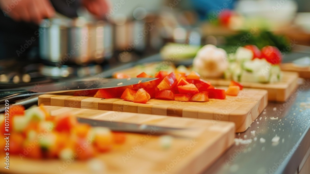 Aufkleber blurry ting boards and knives lining the countertop as participants learn the proper way to diced ve