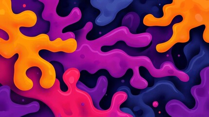Abstract background with flowing liquid shapes in purple, orange, pink and blue colors on a dark background.