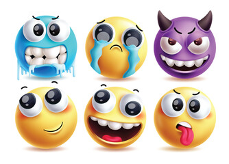 Sob emoji clipart vector characters set. Emojis cold, crying, devil, confused, happy and tired facial expression character design elements. Vector illustration sob emoji collection set.

