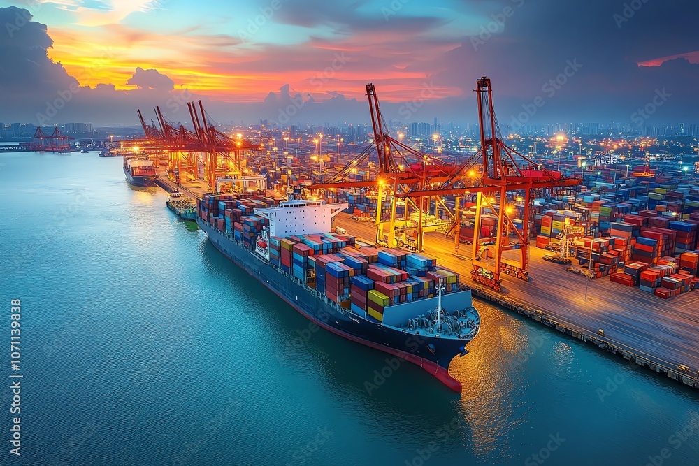 Leinwandbilder an aerial view of a large container ship docked at a busy port at sunset.