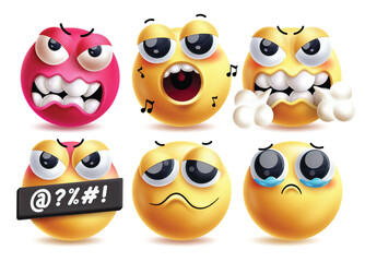 Disgusted emoji vector characters set. Emojis character collection like angry, singing, disgust, furious, disappointed and sad faces yellow clip art graphic design. Vector illustration disgust emoji 