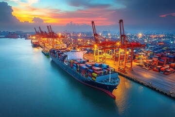 Naklejka premium An aerial view of a large container ship docked at a busy port at sunset.