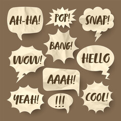 Crumpled brown paper comic speech bubbles. Hand drawn retro cartoon stickers with text. Pop art style. Old, vintage dialog boxes with cardboard texture. Vector illustration