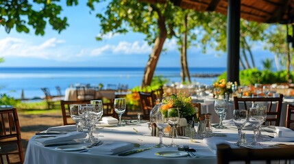 Fototapeta premium Luxury dining area with beautiful beach view, ideal for special events