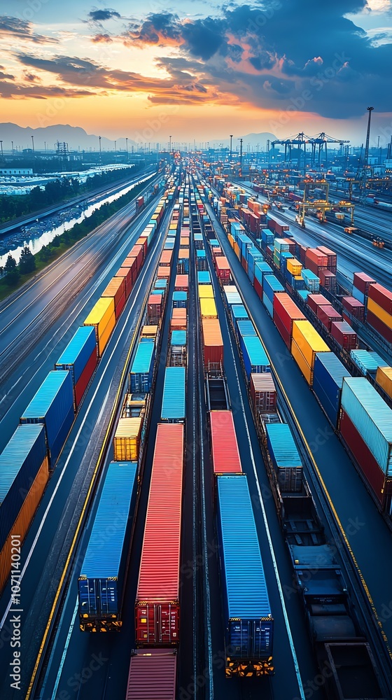 Poster an aerial view of a train carrying many colorful shipping containers, moving towards the horizon.