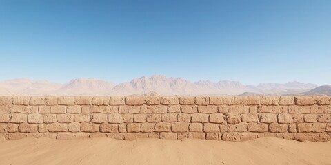 Desert landscape with a stone wall and clear blue sky in the background.