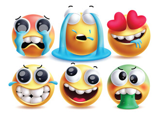 Sob emoji vector characters set. Emojis in crying, tearful, in love, funny, cute smile and vomit facial expression yellow clip art character in white background. Vector illustration sob emoji 