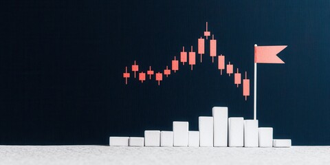 Financial growth chart with white blocks and a flag on a dark background, symbolizing investment success and market trends.