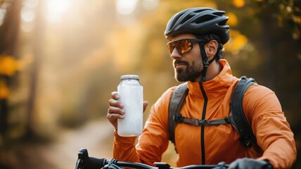 Mountain biker with frosty sports drink in hand, sunlit mountain trail, symbolizes endurance and refreshment, sports drink, refreshing outdoor energy