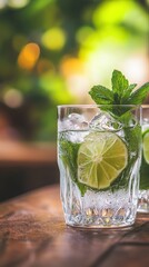 Refreshing mojito cocktail with lime, mint, and ice on wooden table in tropical setting