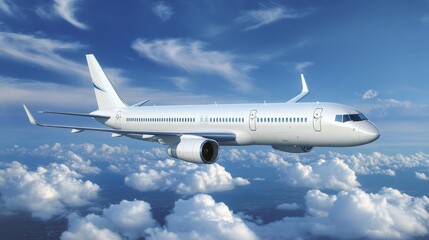 Obraz premium White Passenger Airplane Soaring through a Cloudy Sky,. Travel and Transportation Concept