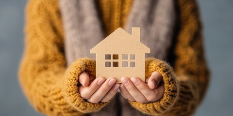 Person holding a small wooden house model, wearing a cozy sweater, representing home ownership and warmth.