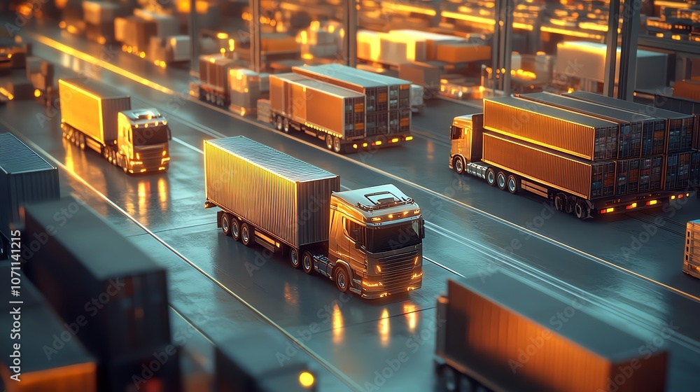 Poster a line of semi-trailer trucks driving on a highway with containers in the background during the gold