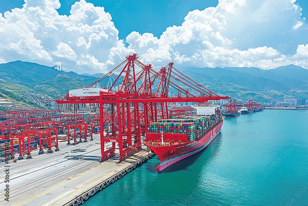 Aufkleber A large cargo ship is docked at a busy port, with cranes loading and unloading containers.