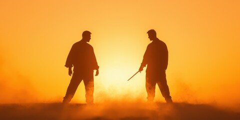 Fototapeta premium Silhouettes of two martial artists in a dynamic pose at sunset.