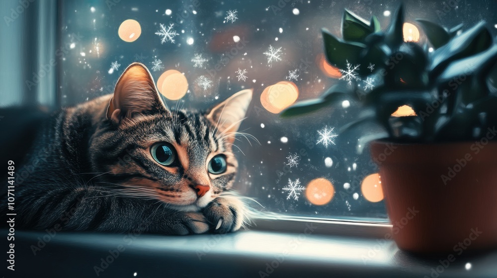 Poster cozy cat by a snowy window with soft lights