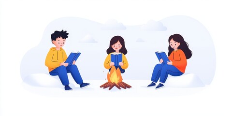 Obraz premium Three friends enjoying storytelling around a campfire in winter.