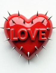 A striking red heart adorned with sharp spikes, boldly declaring love in a unique artistic expression amidst a vibrant backdrop