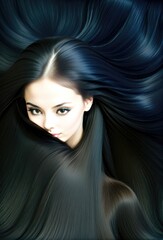 Fototapeta premium A mesmerizing portrait of a woman surrounded by flowing, silky black hair that cascades around her like a dark waterfall