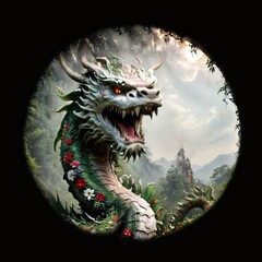 A majestic dragon coils among vibrant flowers in a mystical landscape, breathing life into a serene mountain setting at dawn