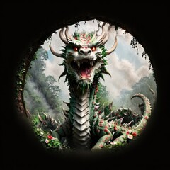 Majestic dragon emerges from lush greenery, surrounded by vibrant flora in a mystical forest setting