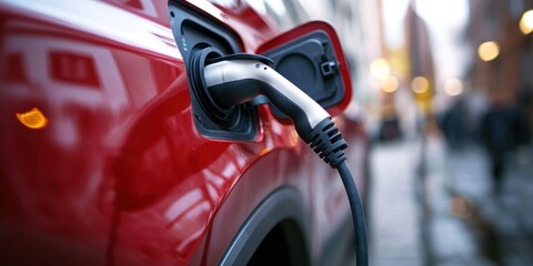 Electric Car Charging Station with Cable Plugged into Red Car