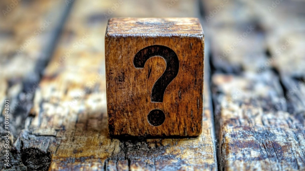 Poster wooden block with question mark on rustic background