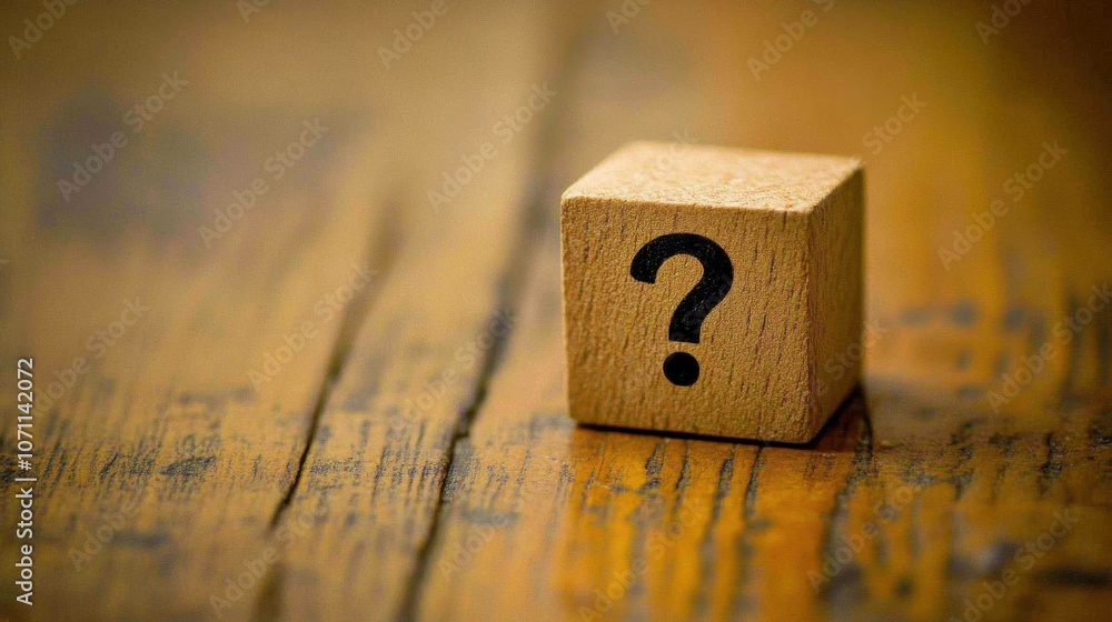 Poster wooden block with question mark on rustic table
