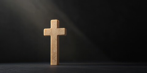 Wooden cross illuminated by soft light against a dark backdrop, symbolizing faith and spirituality.