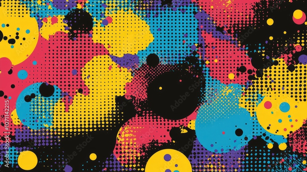 Poster abstract colorful background with halftone dots and splashes.