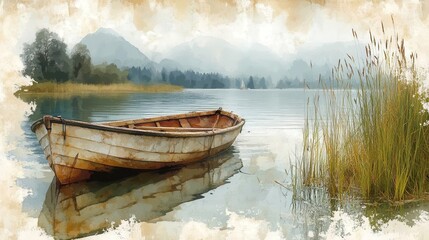 Obraz premium Tranquil Lake Scene with Traditional Fishing Boat