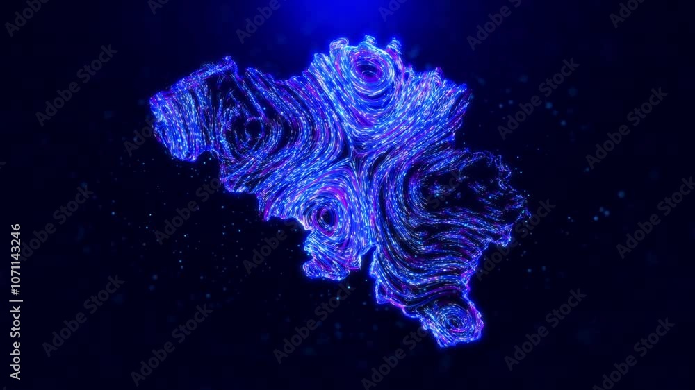 Poster abstract motion view belgium map design, featuring glowing blue hairlines, dynamic flowing patterns,