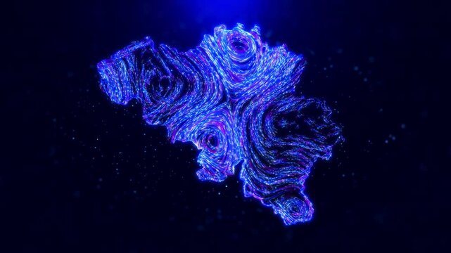 Abstract motion view Belgium map design, featuring glowing blue hairlines, dynamic flowing patterns, and scattered bokeh dot particles, creating a tech-inspired and modern digital aesthetic
