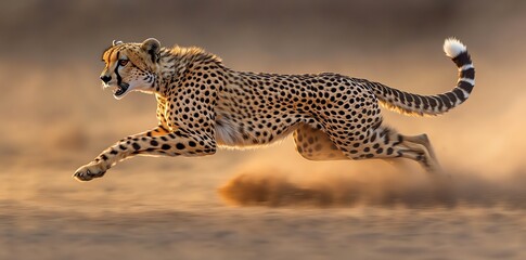 Fototapeta premium Cheetah running fast on the savanna, kicking up dust with its powerful legs.